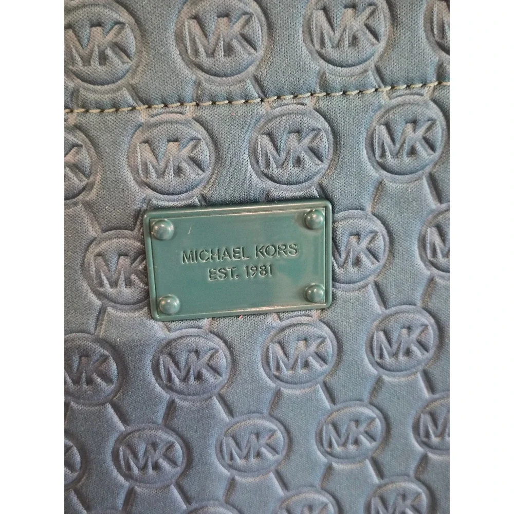 Michael Kors Teal Embossed MK Logo Canvas Tote Bag Patent Leather‎ Trim Est 1981